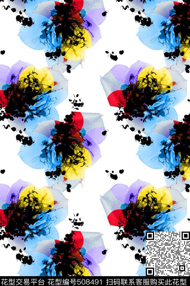手绘墨点花卉数码印花华亿平台下载（图片编号: 508491） - 瓦栏（Walan）