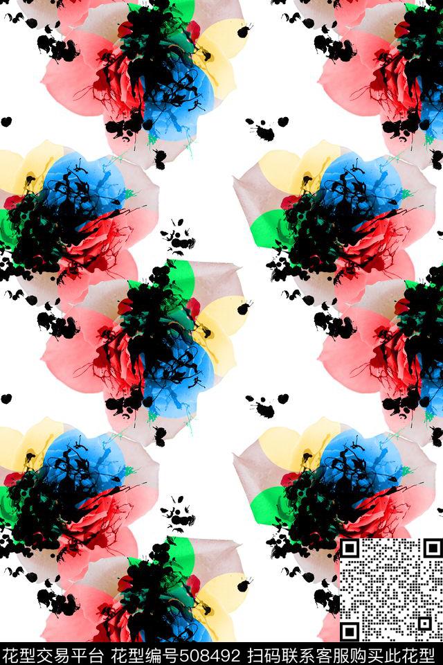 手绘墨点花卉数码印花华亿平台下载（图片编号: 508492） - 瓦栏（Walan）