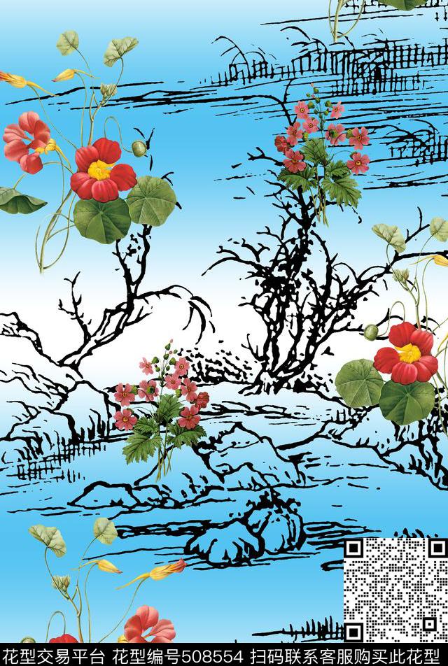 中国风山水画青花瓷数码印花华亿平台下载（图片编号: 508554） - 瓦栏（Walan）