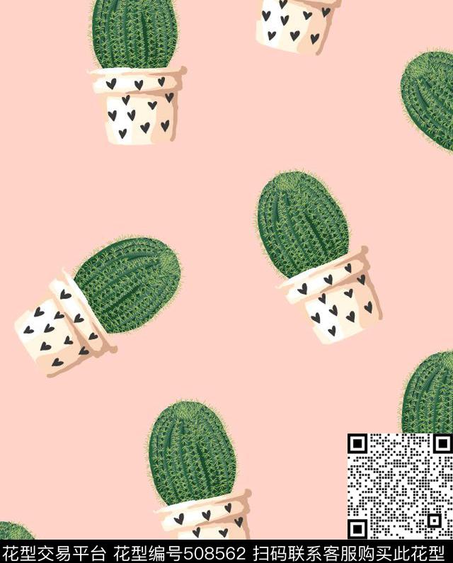 可爱田园风仙人掌盆栽桃心传统印花华亿平台下载（图片编号: 508562） - 瓦栏（Walan）