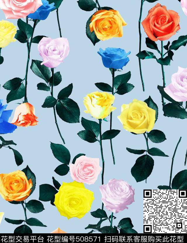 甜美清新玫瑰花数码印花华亿平台下载（图片编号: 508571） - 瓦栏（Walan）