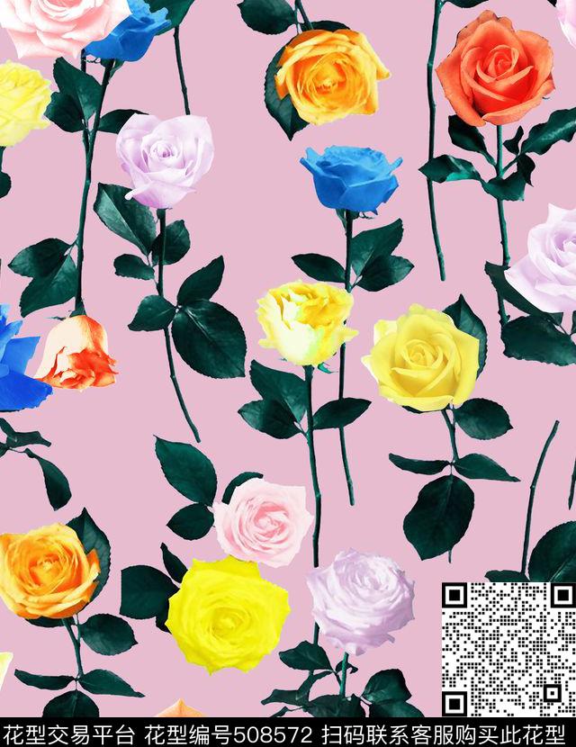 甜美清新玫瑰花植物数码印花华亿平台下载（图片编号: 508572） - 瓦栏（Walan）