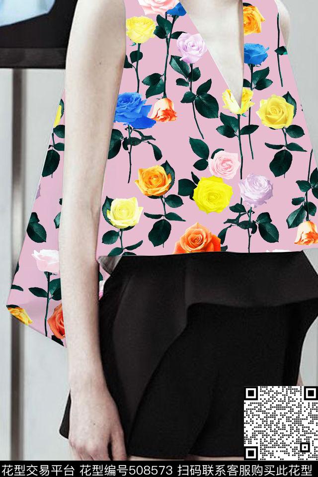 甜美清新玫瑰花植物数码印花华亿平台下载（图片编号: 508573） - 瓦栏（Walan）