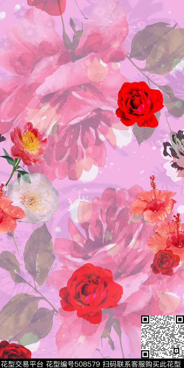 层次花朵鲜艳数码印花华亿平台下载（图片编号: 508579） - 瓦栏（Walan）