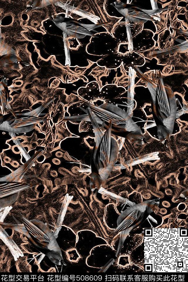 欧美复古民族彩色鸟吉祥色调数码印花华亿平台下载（图片编号: 508609） - 瓦栏（Walan）