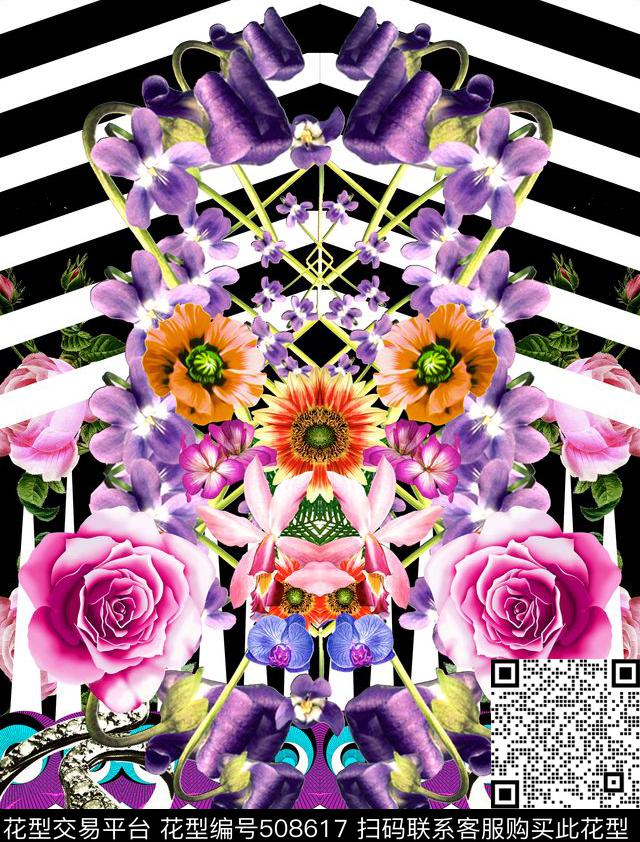 抽象花卉大牌几何抽象数码印花华亿平台下载（图片编号: 508617） - 瓦栏（Walan）