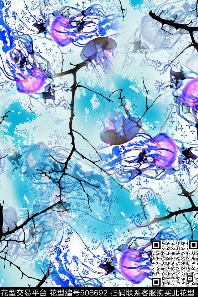 数码水母树枝数码印花华亿平台下载（图片编号: 508692） - 瓦栏（Walan）