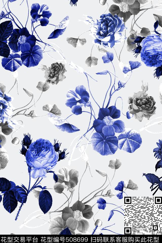 青花手绘小花黑白数码印花华亿平台下载（图片编号: 508699） - 瓦栏（Walan）