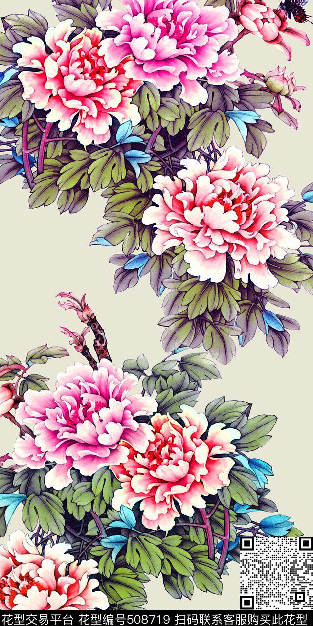 中国风牡丹国画数码印花华亿平台下载（图片编号: 508719） - 瓦栏（Walan）