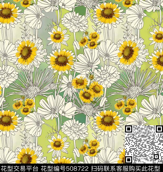 花卉雏菊花手绘写实花卉组合数码印花华亿平台下载（图片编号: 508722） - 瓦栏（Walan）
