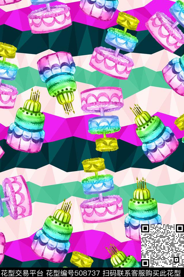 条纹趣味水彩蛋糕传统印花华亿平台下载（图片编号: 508737） - 瓦栏（Walan）