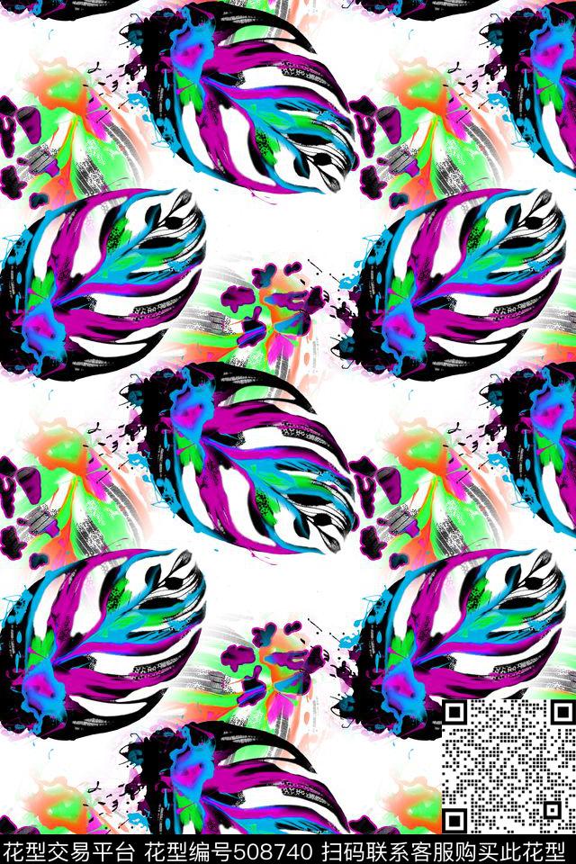 手绘羽毛涂鸦数码印花华亿平台下载（图片编号: 508740） - 瓦栏（Walan）