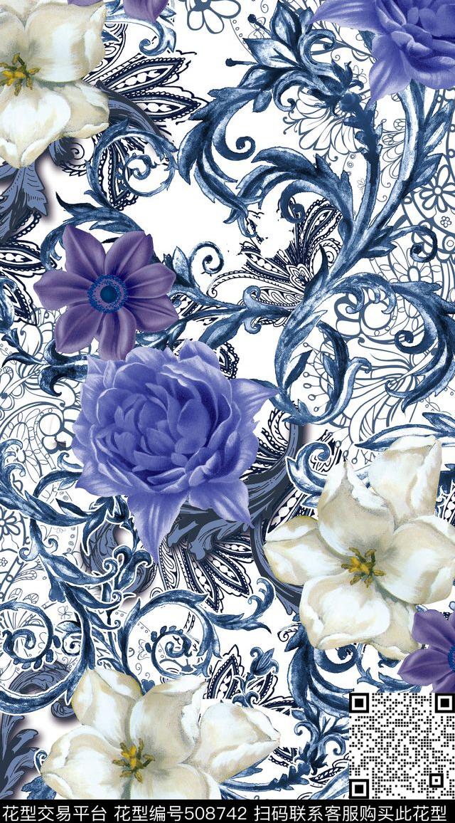 花卉潮流时尚大牌传统花纹数码印花华亿平台下载（图片编号: 508742） - 瓦栏（Walan）