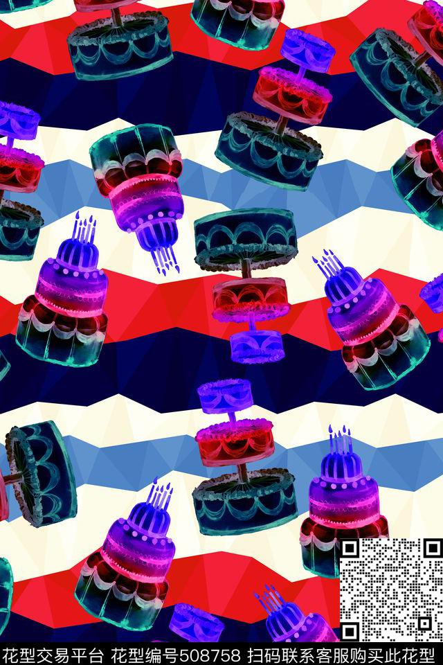 条纹趣味水彩蛋糕传统印花华亿平台下载（图片编号: 508758） - 瓦栏（Walan）