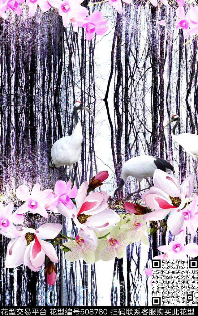 中国风树影鸟花卉数码印花华亿平台下载（图片编号: 508780） - 瓦栏（Walan）