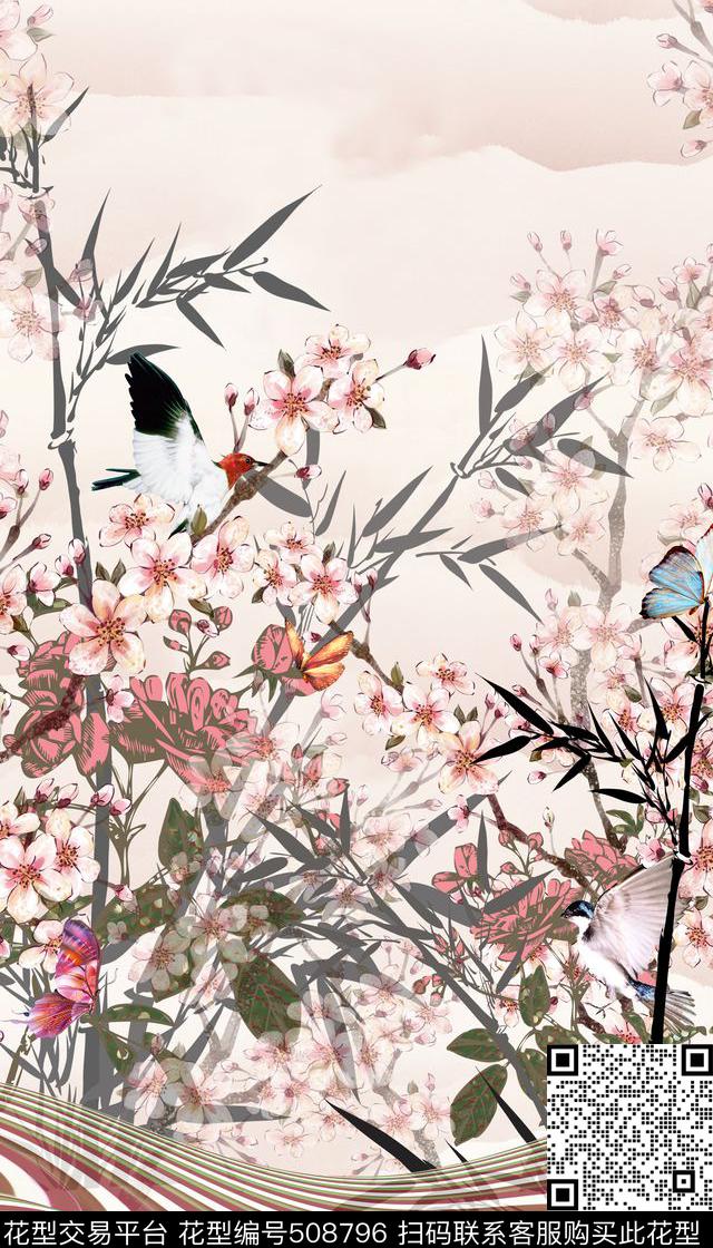 女装二方连续花鸟植物数码印花华亿平台下载（图片编号: 508796） - 瓦栏（Walan）