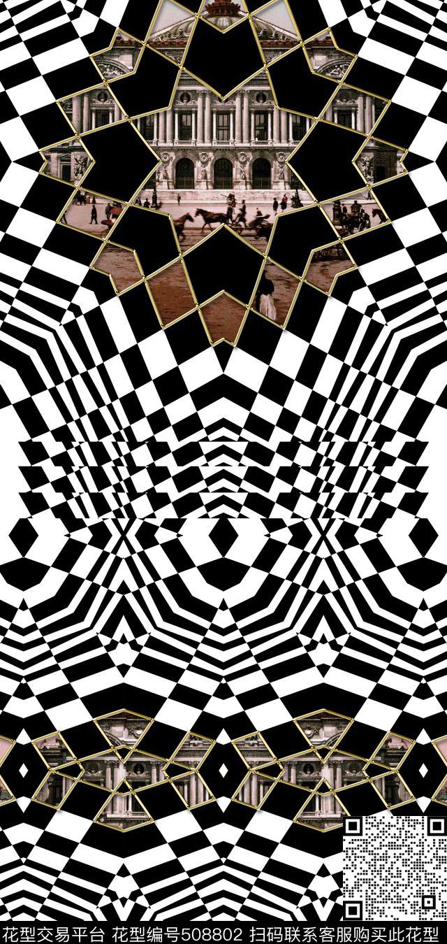 复古几何建筑数码印花华亿平台下载（图片编号: 508802） - 瓦栏（Walan）