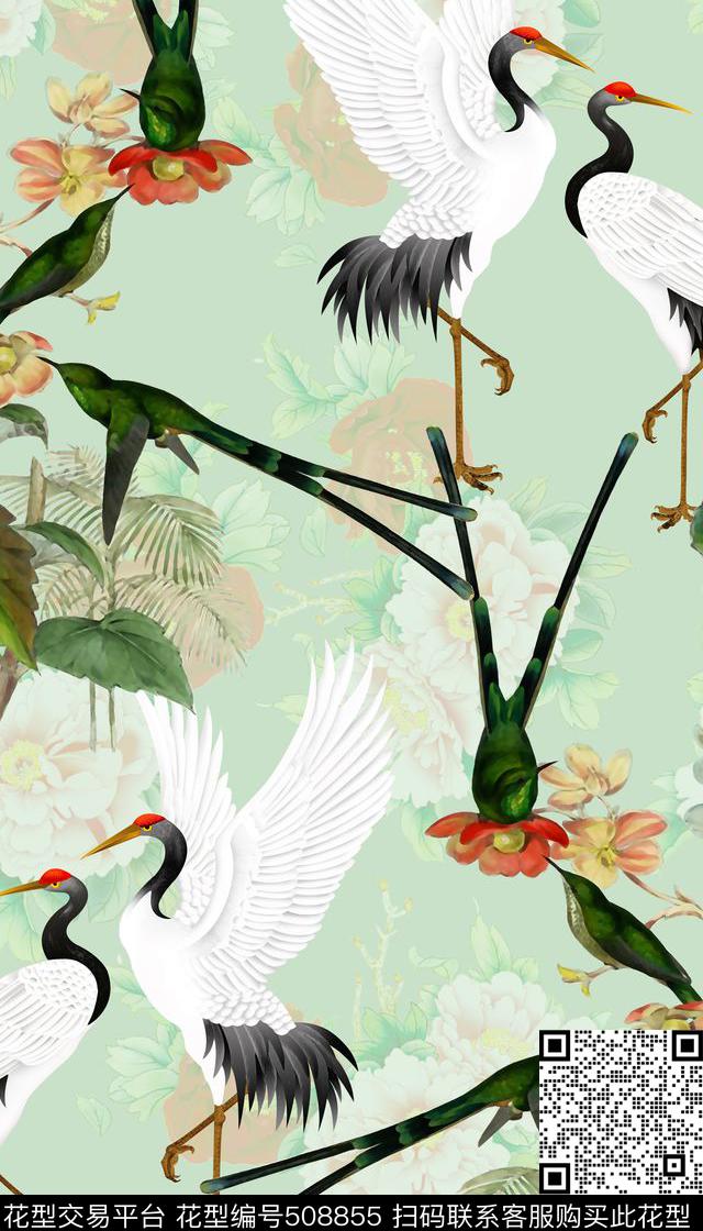 中国风花鸟丹顶鹤数码印花华亿平台下载（图片编号: 508855） - 瓦栏（Walan）