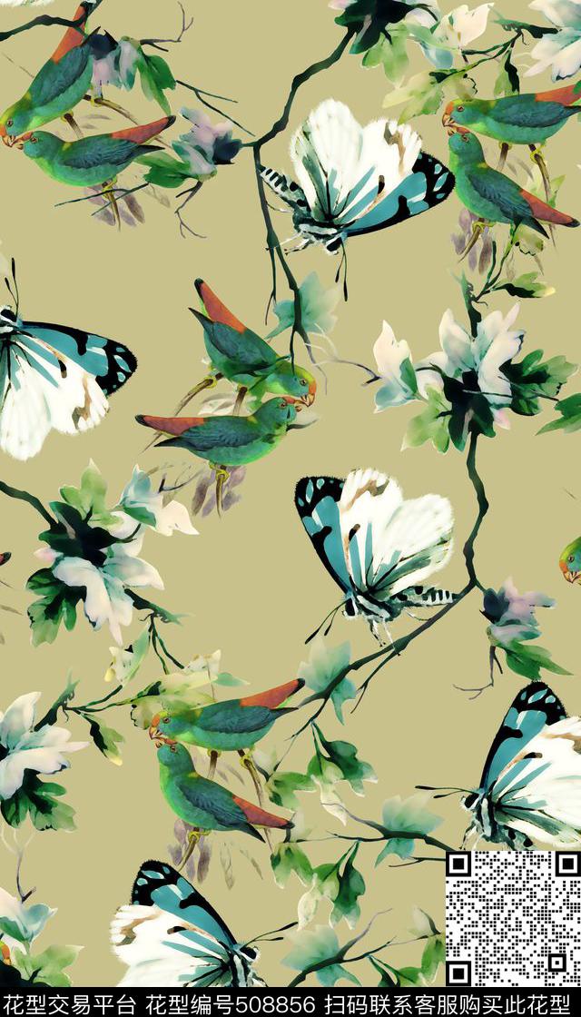 中国风花鸟蝴蝶数码印花华亿平台下载（图片编号: 508856） - 瓦栏（Walan）