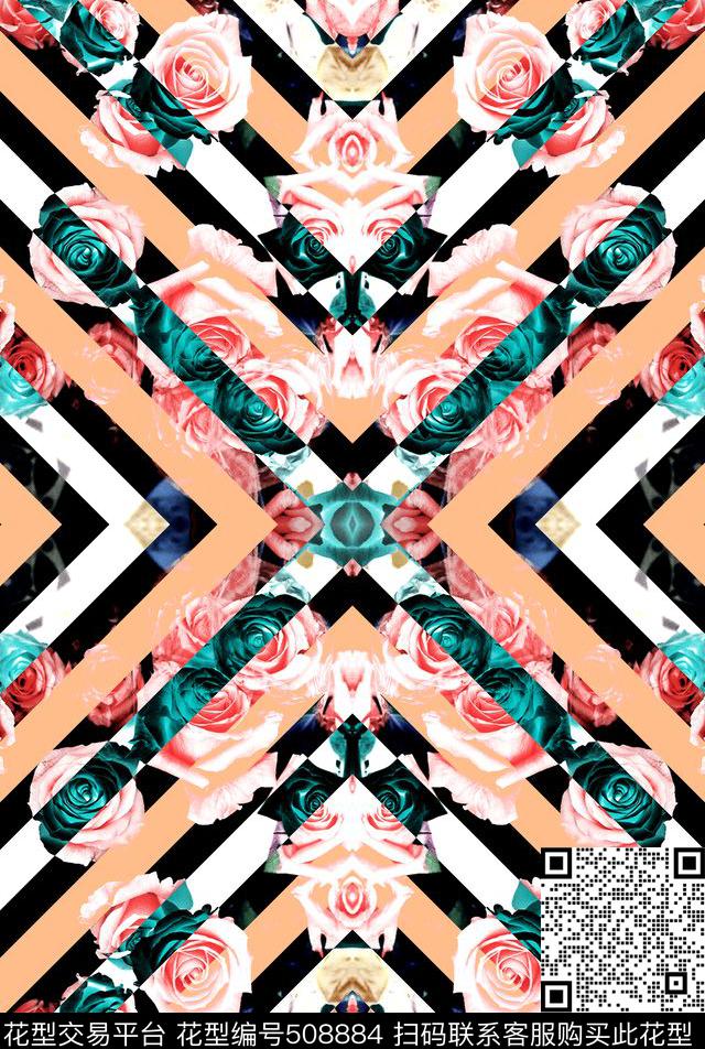 方块渐变华亿平台复古线条方块玫瑰花丛数码印花华亿平台下载（图片编号: 508884） - 瓦栏（Walan）