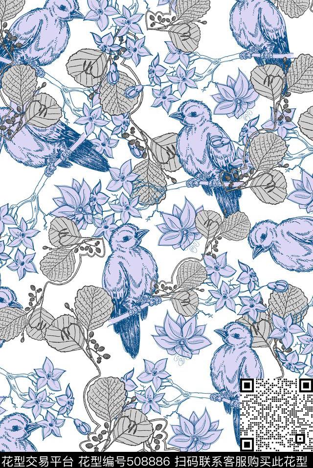 满版小鸟树叶树枝和小鸟传统印花华亿平台下载（图片编号: 508886） - 瓦栏（Walan）