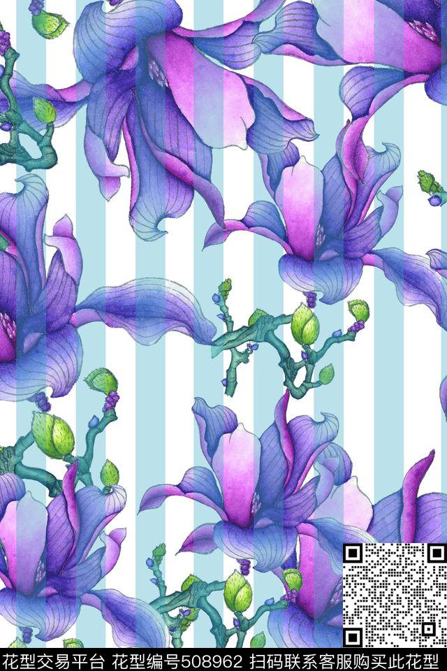 大牌花卉条纹数码印花华亿平台下载（图片编号: 508962） - 瓦栏（Walan）