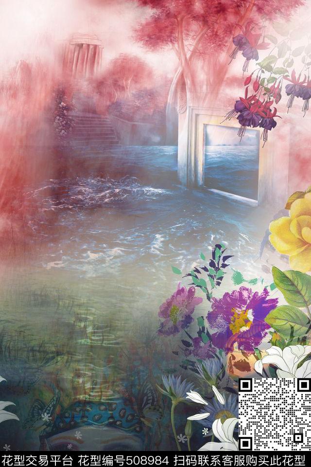 流行时尚风景景观复古数码印花华亿平台下载（图片编号: 508984） - 瓦栏（Walan）