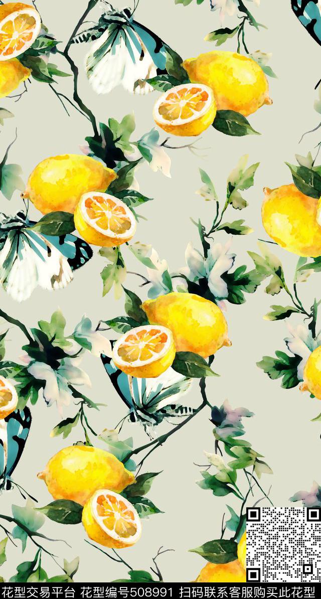 清新花藤蝴蝶柠檬数码印花华亿平台下载（图片编号: 508991） - 瓦栏（Walan）