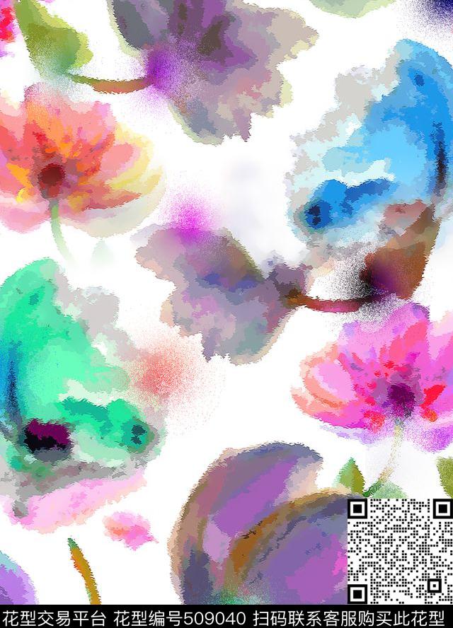笔触喷洒水墨数码印花华亿平台下载（图片编号: 509040） - 瓦栏（Walan）