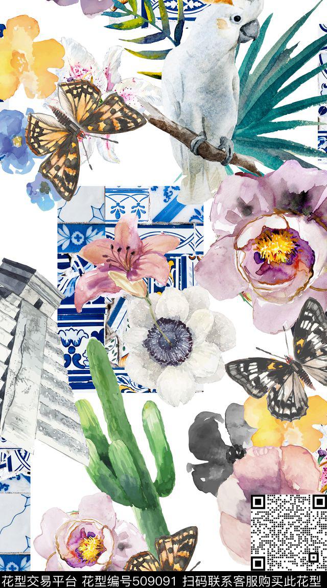 花鸟鹦鹉数码印花华亿平台下载（图片编号: 509091） - 瓦栏（Walan）