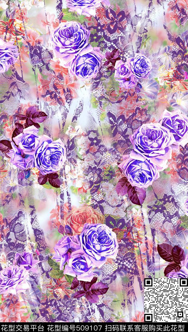 复古蕾丝花卉女装数码印花华亿平台下载（图片编号: 509107） - 瓦栏（Walan）