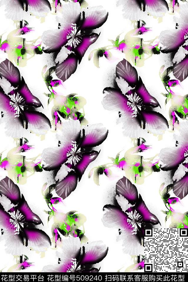 手绘水彩花卉数码印花华亿平台下载（图片编号: 509240） - 瓦栏（Walan）