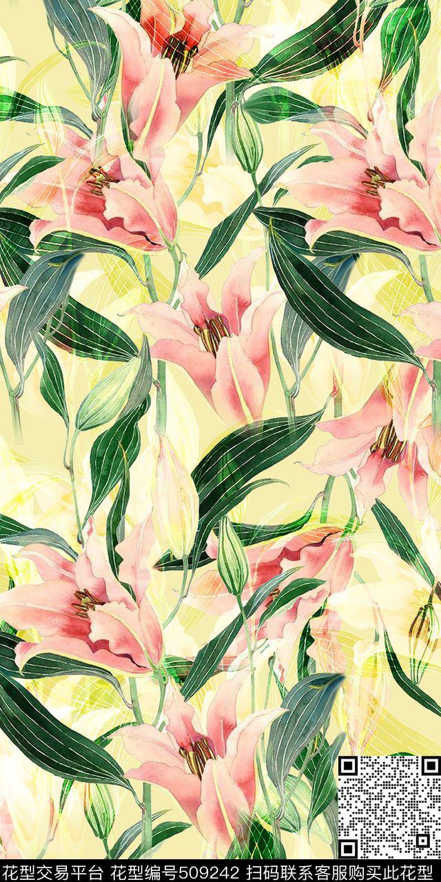 百合花手绘花卉小清新数码印花华亿平台下载（图片编号: 509242） - 瓦栏（Walan）