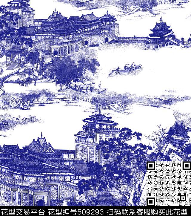 MAX-中国风手绘线条青花院落流行时尚数码印花华亿平台下载（图片编号: 509293） - 瓦栏（Walan）