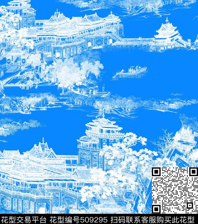 MAX-中国风民族风手绘线条青花院落数码印花华亿平台下载（图片编号: 509295） - 瓦栏（Walan）