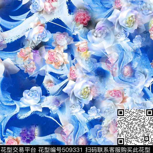 蓝色抽象花卉数码印花华亿平台下载（图片编号: 509331） - 瓦栏（Walan）