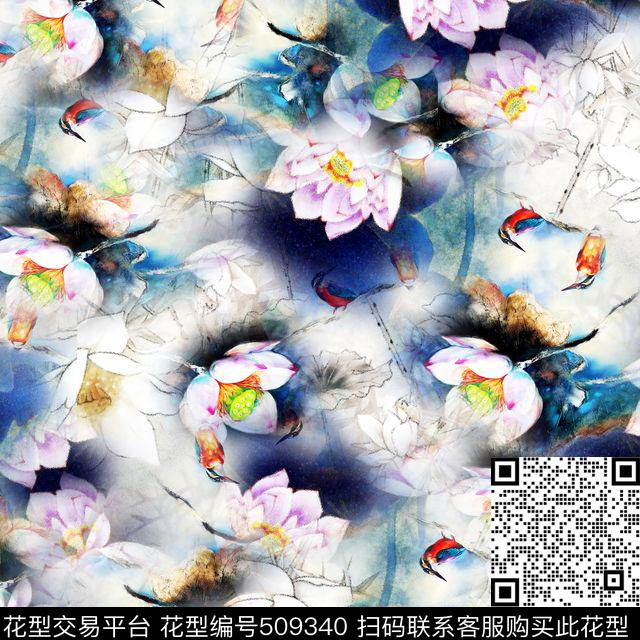 荷花蓝色古典数码印花华亿平台下载（图片编号: 509340） - 瓦栏（Walan）