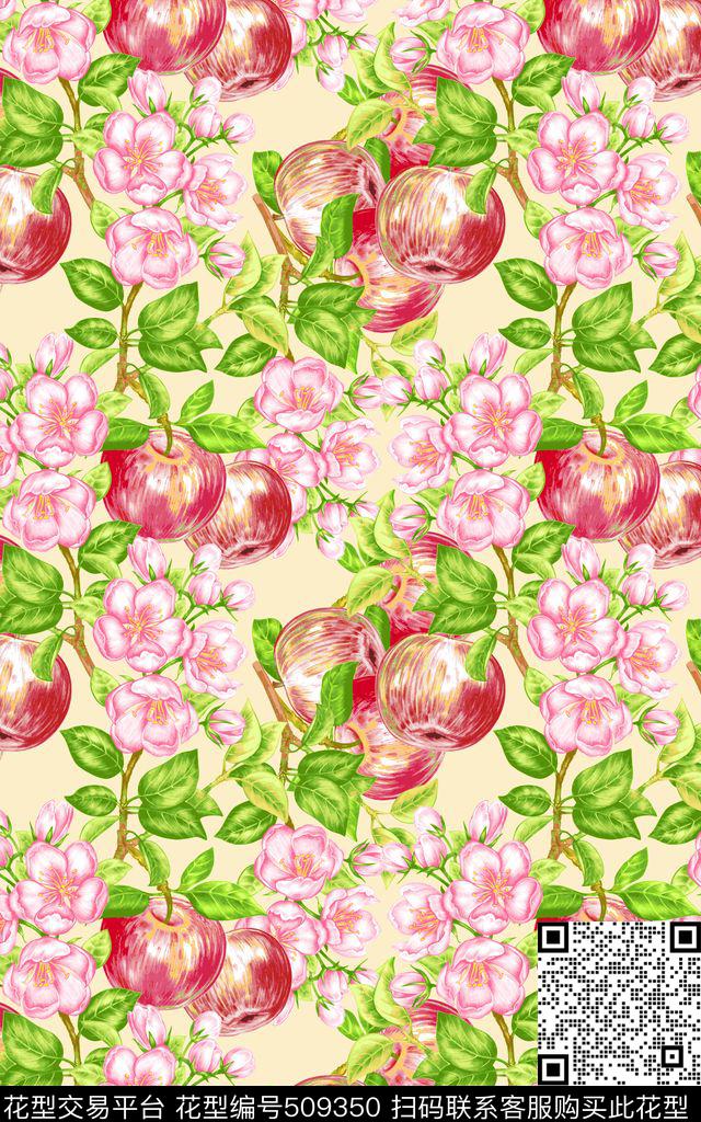 清新苹果花卉数码印花华亿平台下载（图片编号: 509350） - 瓦栏（Walan）