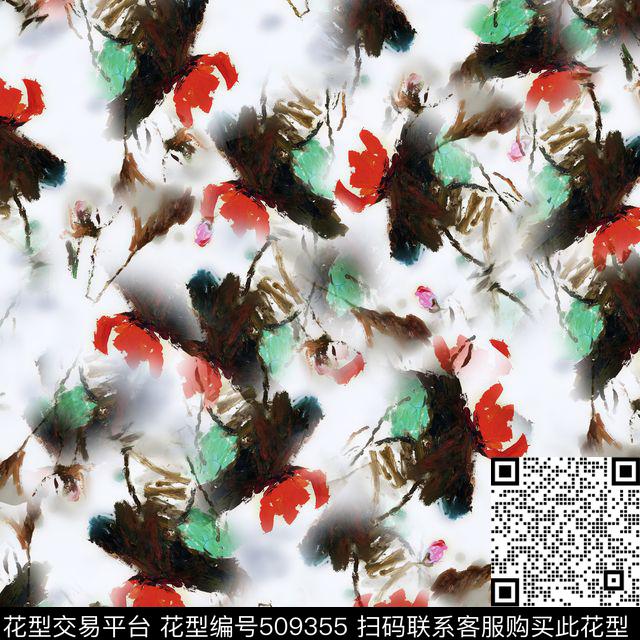 水墨抽象荷花数码印花华亿平台下载（图片编号: 509355） - 瓦栏（Walan）