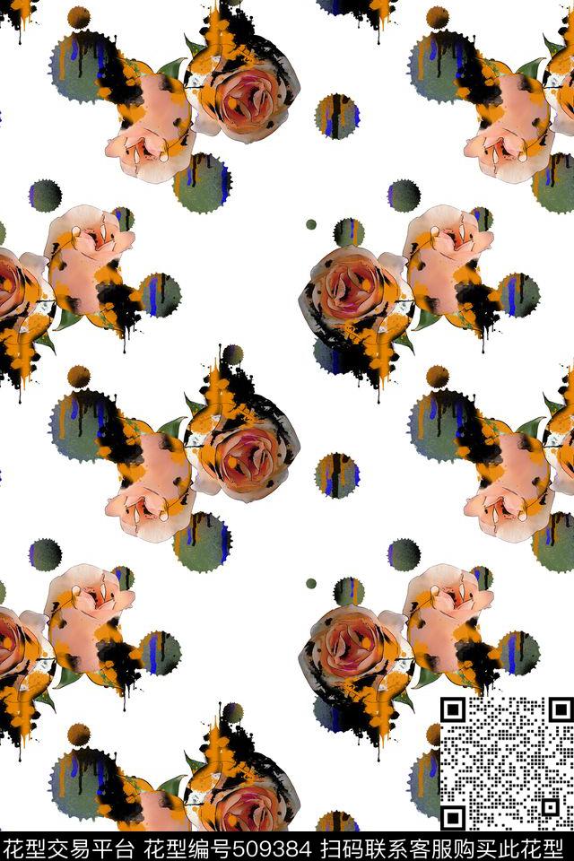 手绘花卉玫瑰花数码印花华亿平台下载（图片编号: 509384） - 瓦栏（Walan）