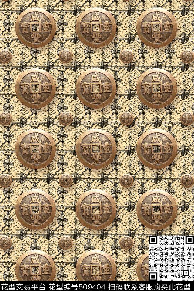 中国风铜钱几何底纹数码印花华亿平台下载（图片编号: 509404） - 瓦栏（Walan）