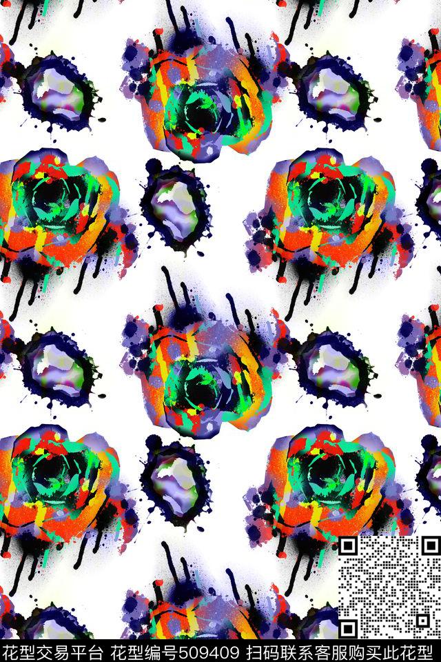 手绘牡丹花水墨数码印花华亿平台下载（图片编号: 509409） - 瓦栏（Walan）