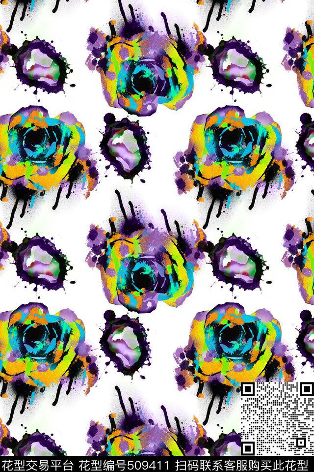 手绘牡丹花水墨数码印花华亿平台下载（图片编号: 509411） - 瓦栏（Walan）