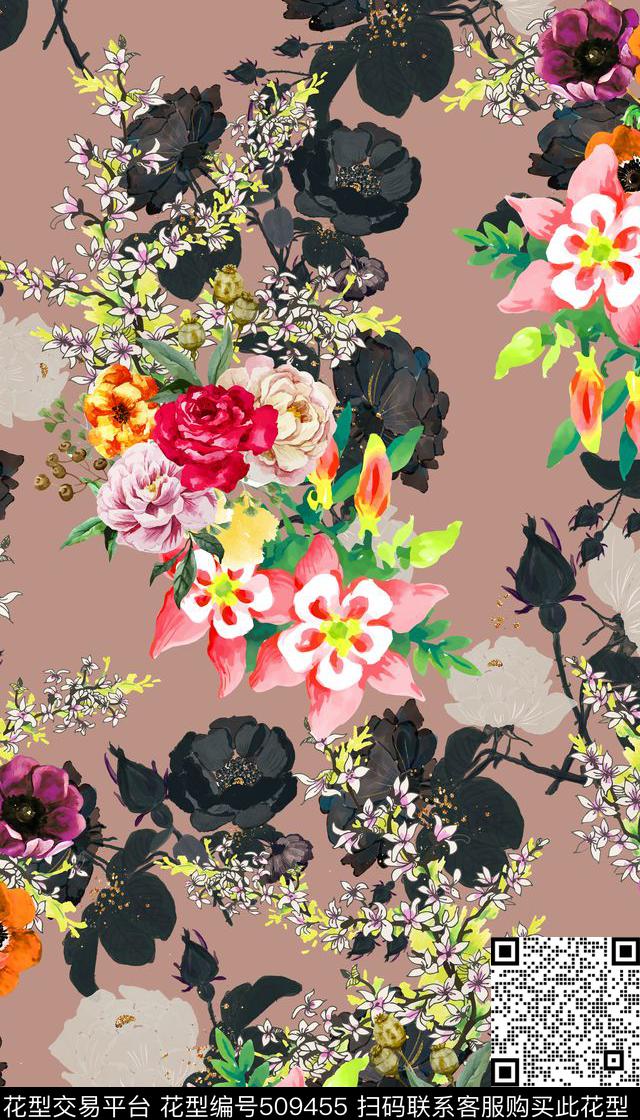 复古花卉黑白花纹数码印花华亿平台下载（图片编号: 509455） - 瓦栏（Walan）