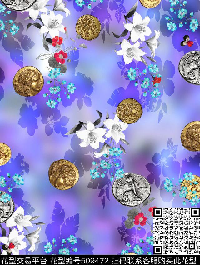流行时尚休闲欧式彩层硬币花数码印花华亿平台下载（图片编号: 509472） - 瓦栏（Walan）
