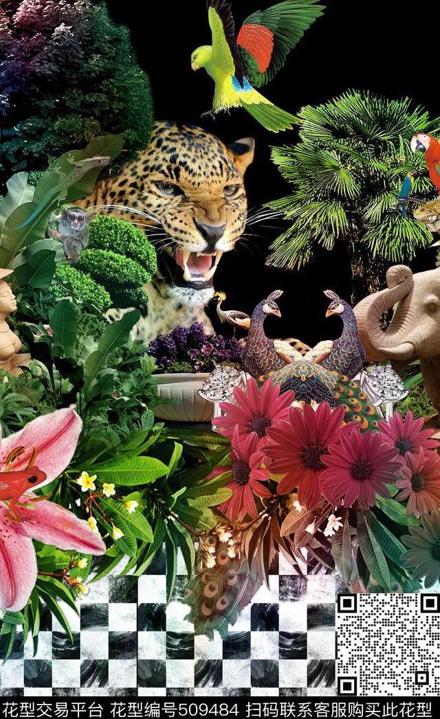 潮流时尚定位豹子头动物花卉数码印花华亿平台下载（图片编号: 509484） - 瓦栏（Walan）