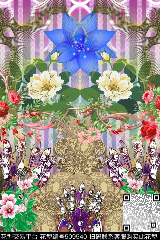 定位几何花卉数码印花华亿平台下载（图片编号: 509540） - 瓦栏（Walan）