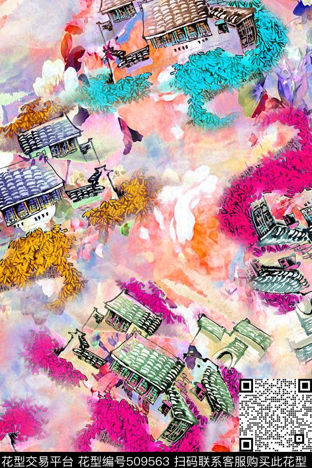 水墨水彩房子建筑花卉抽象数码印花华亿平台下载（图片编号: 509563） - 瓦栏（Walan）