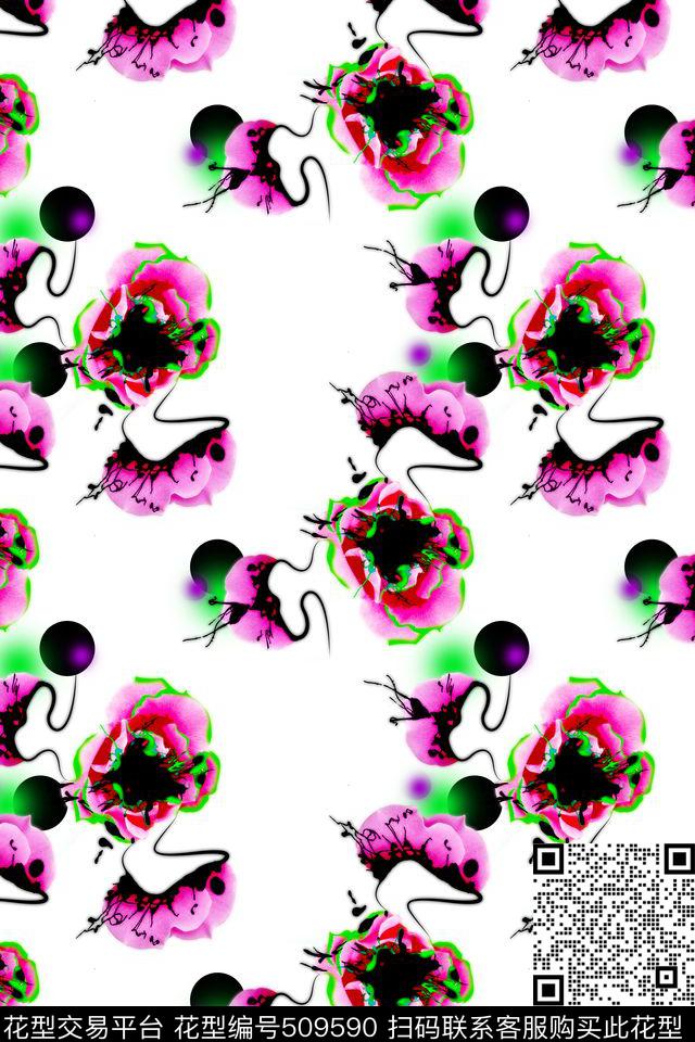 手绘花瓣水墨数码印花华亿平台下载（图片编号: 509590） - 瓦栏（Walan）