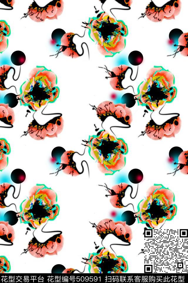 手绘花瓣水墨数码印花华亿平台下载（图片编号: 509591） - 瓦栏（Walan）